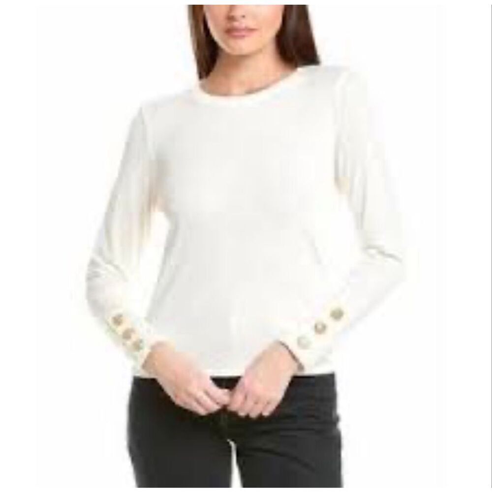 Anthropologie Nation Ltd Cream Long Sleeve Tee with Gold Snaps size medium